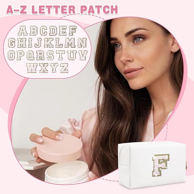 Small Initial Patch Makeup Bag Personalized Gifts Make Up Bag,White Cute PU Leather Glitter Letter Cosmetic Bag with Zipper,Trendy Portable Travel Toiletry Pouch,Preppy Stuff for Teen Girls Women F