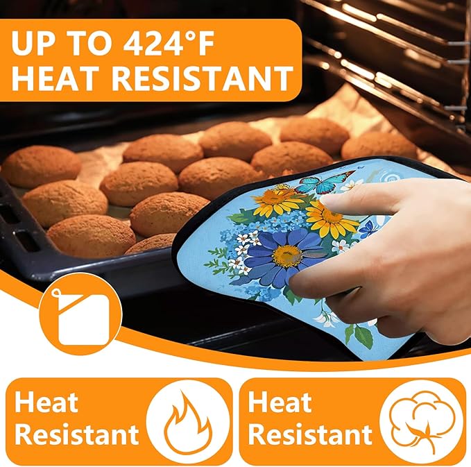 Sunflower Butterfly Oven Mitts and Pot Holders Sets 4Pcs,Extra Long Oven Gloves Potholder for Kitchen Cooking Baking BBQ 100% Cotton Heat Resistant