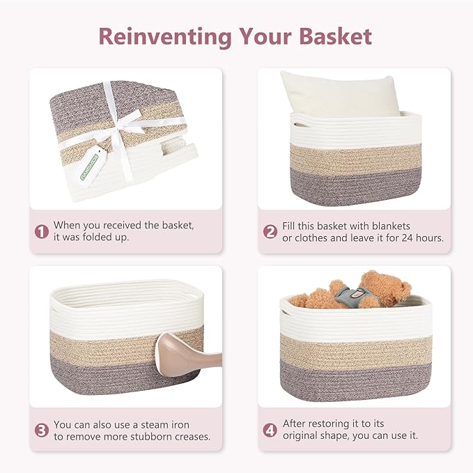 ECDYQXVU Cotton Rope Basket, Storage Baskets with Handle, 15x10x9 Inch Woven Basket for Shelves, Laundry, Towels, Clothes, Books (White/Pink 3Pack)
