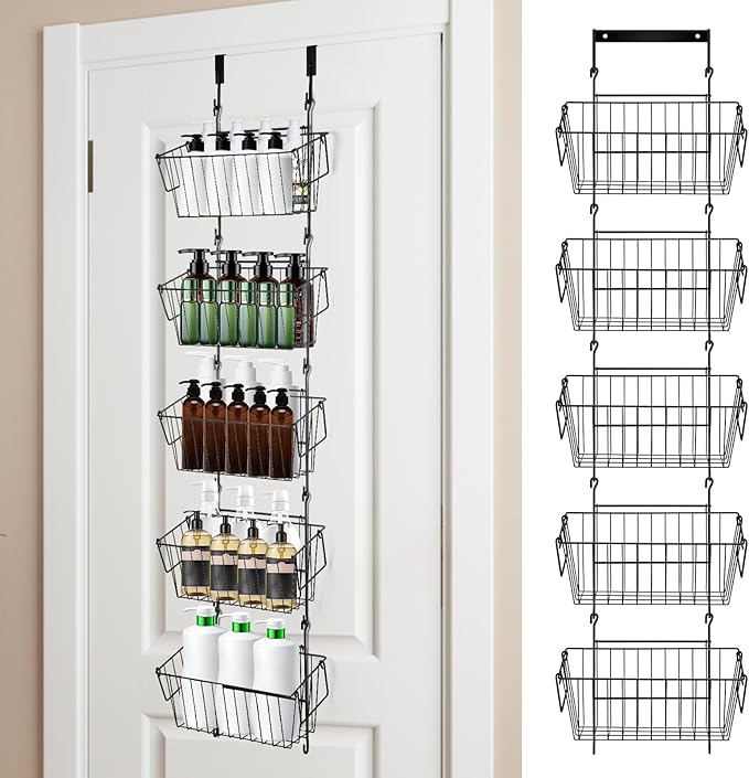 ziroland Over The Door Organizer – 5 Removable Hanging Baskets, Back of Door Storage for Bathroom, Kitchen, Pantry & Garage, No Tools Needed, 3 Installation Methods (Wall/Door Mount) Black