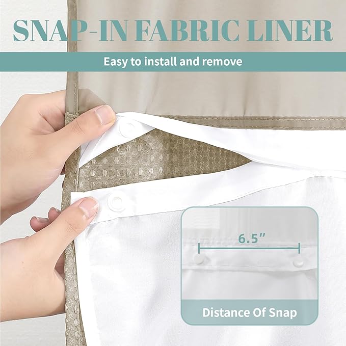 eachope Khaki No Hook Waffle Weave Shower Curtain with snap-in Liner Replacement, 230GSM Waterproof Fabric Hotel Shower Curtain Set for Bathroom, Through Mesh Top Window,71Wx74H