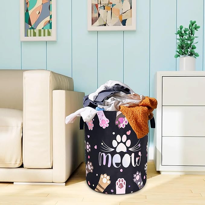 Cat Paw Prints Laundry Basket Meow Pet Oxford Cloth Laundry Hamper With Handle Foldable Portable Clothes Storage Basket 18.9 X 16.5 Inch Storage Bag For Laundry Room/Bathroom/Bedroom/Dormitories
