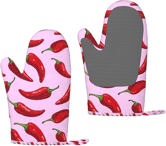 Heat Resistant Oven Mitts 2 Pack, 500°F Silicone Oven Gloves with Non-Slip Grip, Soft Quilted Cotton Lining for Baking, Grilling, BBQ, Cooking (Peppers Pink Red)