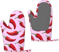 Heat Resistant Oven Mitts 2 Pack, 500°F Silicone Oven Gloves with Non-Slip Grip, Soft Quilted Cotton Lining for Baking, Grilling, BBQ, Cooking (Peppers Pink Red)