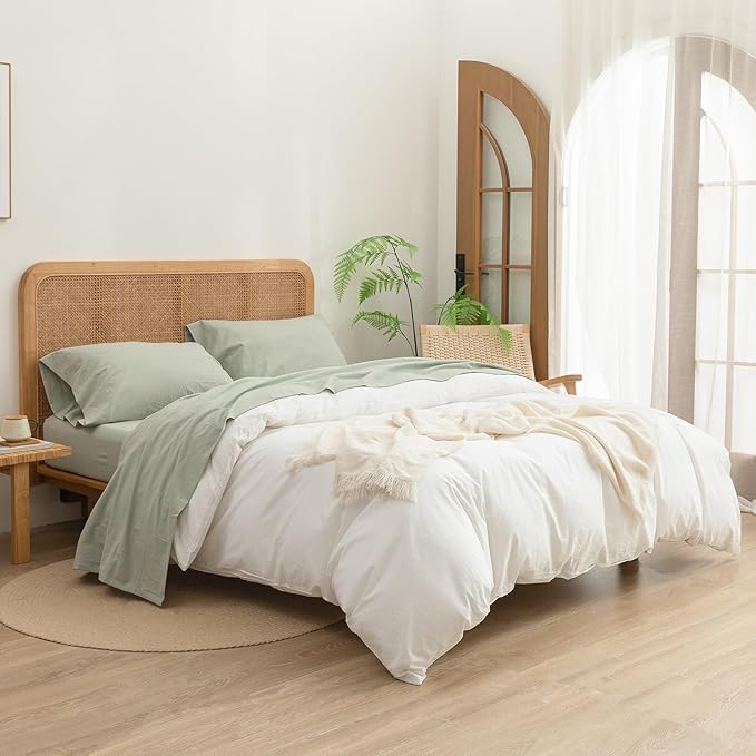 BESTOUCH Sheet Set 100% Washed Cotton Linen Feel Super Soft Comfortable Chic Lightweight 3 Pcs Home Bedding Set Solid Sage Green Twin