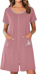 Ekouaer Zip Up Robes for Women Short Sleeves Zipper House Coat Short Bathrobes Lightweight Nightgown with Pockets S-3XL