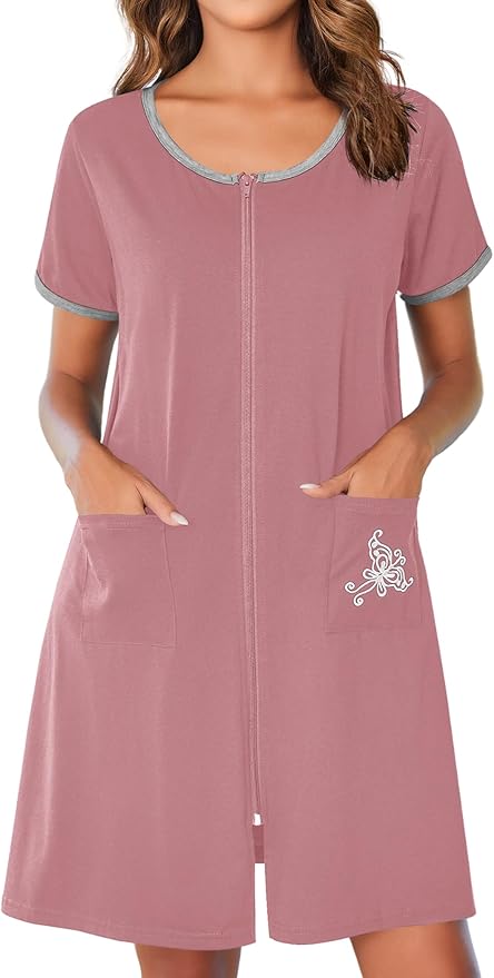 Ekouaer Zip Up Robes for Women Short Sleeves Zipper House Coat Short Bathrobes Lightweight Nightgown with Pockets S-3XL