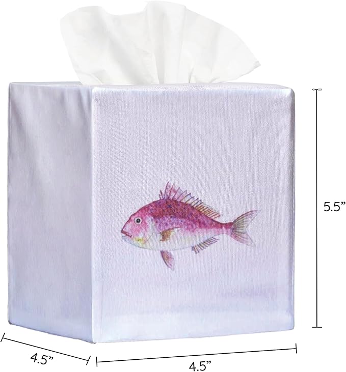 EmbroideryLinen.VN Tissue Box Cover Set of 2, Square Linen Tissue Holder, Printed Animal Pattern, 4.5x4.5x5.5 Inches, Decorative Holder for Bathroom, Living Room, Office (Fish)