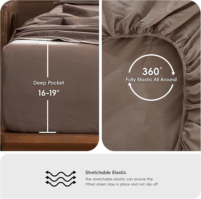 MooMee Bedding Sheet Set 100% Washed Cotton Linen Like Textured Breathable Durable Soft Comfy (Brown, Twin)