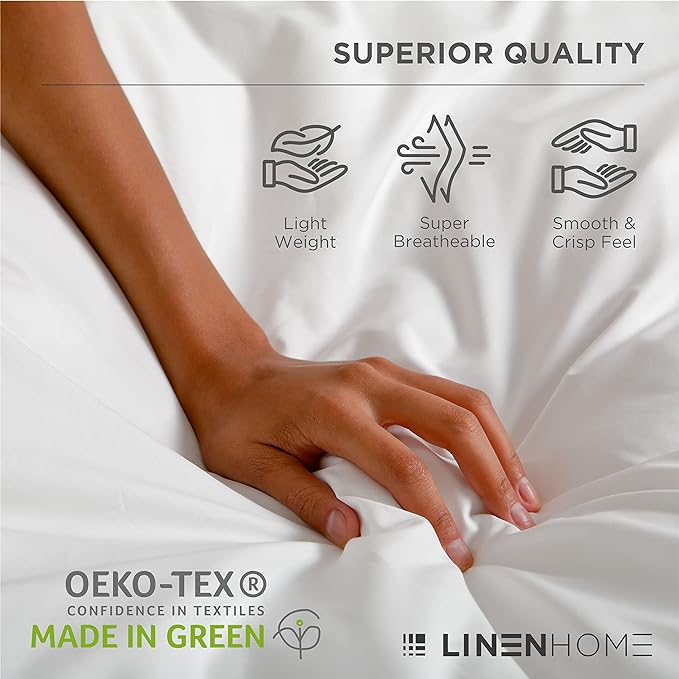 Linen Home 100% Cotton Percale Sheets Queen Size, Blue Duck Egg, Deep Pocket, 4 Pieces Set - 1 Flat, 1 Deep Pocket Fitted Sheet and 2 Pillowcases, Crisp Cool and Strong Bed Linen