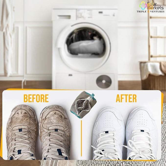 Triple M Ventures Double Shoe Washing Bag for Washing Machine, Grey, Polyester, 360 All-Round Cleaning, 2 Pack, 2 Pairs of Shoes Simultaneously, Zipper Closure
