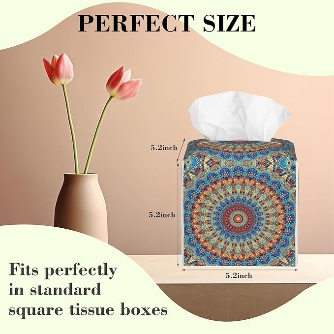 Boho Mandala Flower Tissue Box Cover,Abstract Mandala Floral Waterproof Leather Square Tissue Box Cover Case Facial Paper Organizer Dispenser Box Holder for Home Office Bathroom Vanity Countertop