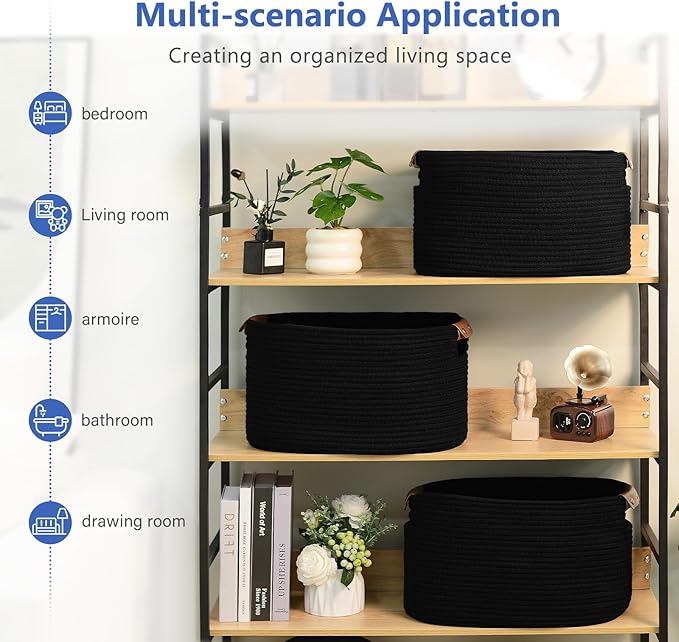 ECDYQXVU Cotton Rope Basket, Storage Baskets with Handle, 15x10x9 Inch Woven Basket for Shelves, Laundry, Towels, Clothes, Books (Black 2Pack)