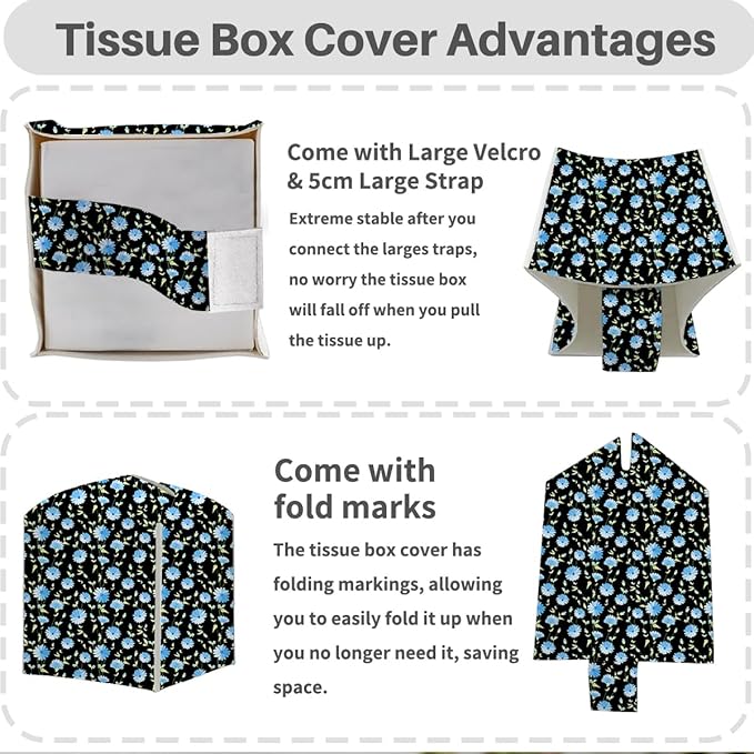 Tissue Box Cover, Tissue Box Holder, Square with Belt Bottom, PU Leather Decorative Organizer for Desk, Tabletop, Countertop Bathroom, Toilet Car, Office, Dresser Bedside, Aesthetic Blue Flower Decor