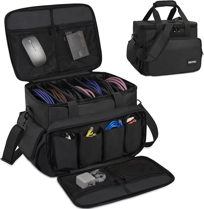 IBVIVIC DJ Cable File Bag with 6 Detachable Dividers High Capacity Gig Cable Bag for Cords,DJ Gear,Sound Instrument and Accessories, Black
