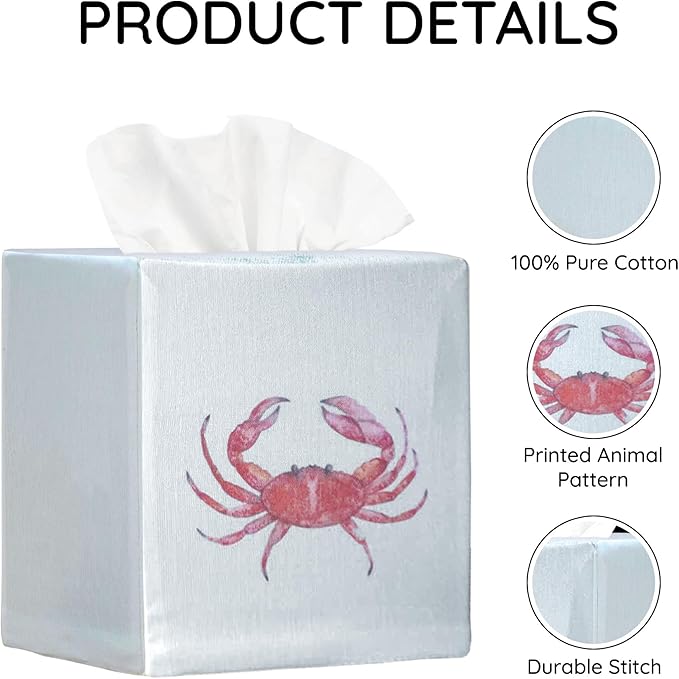 EmbroideryLinen.VN Tissue Box Cover Set of 2, Square Cotton Tissue Holder, Printed Animal Pattern, 4.5x4.5x5.5 Inches, Decorative Holder for Bathroom, Living Room, Office (Blue & Red Crab)