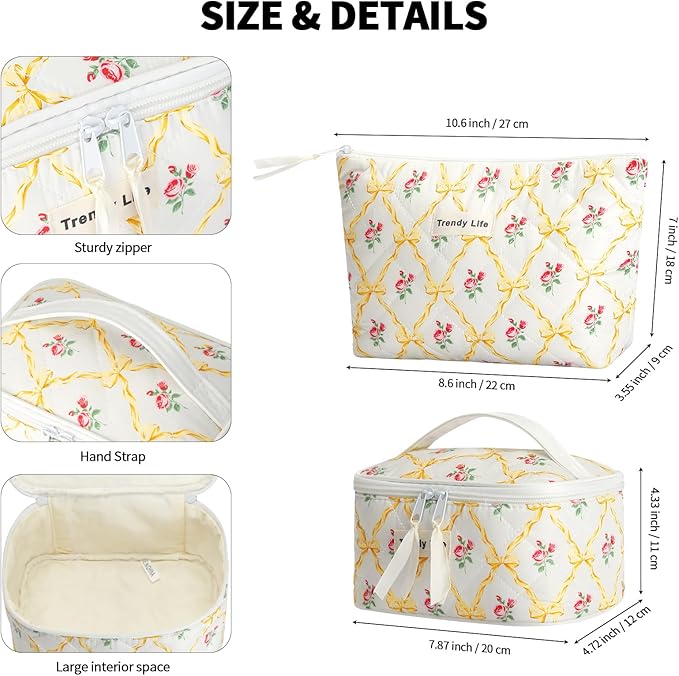 HAOGUAGUA 2 Pieces Makeup Bag, Small Large Quilted Cosmetic Bag, Travel Floral Make Up Toiletry Organizer Bag for Women Girls (2PCS STYLE B-6)