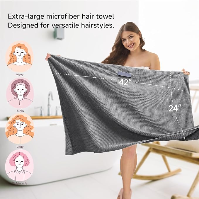 Netcken Large Microfiber Hair Towel for Women,Super Soft Anti Frizz & Quick Dry for Curly Hair,Ultra Absorbent Hair Wrap Towels for Long,Thick,Wet Hair 24x42 Inches (Grey)