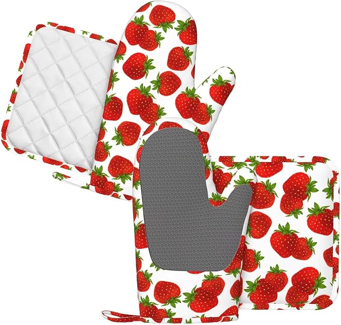 Cute Strawberry Oven Mitts and Pot Holders Sets Silicone Strawberries Kitchen Mitts Strawberry Potholders Heat Resistant 4Pcs Oven Gloves Hot Pads for Kitchen Baking Cooking BBQ Grilling