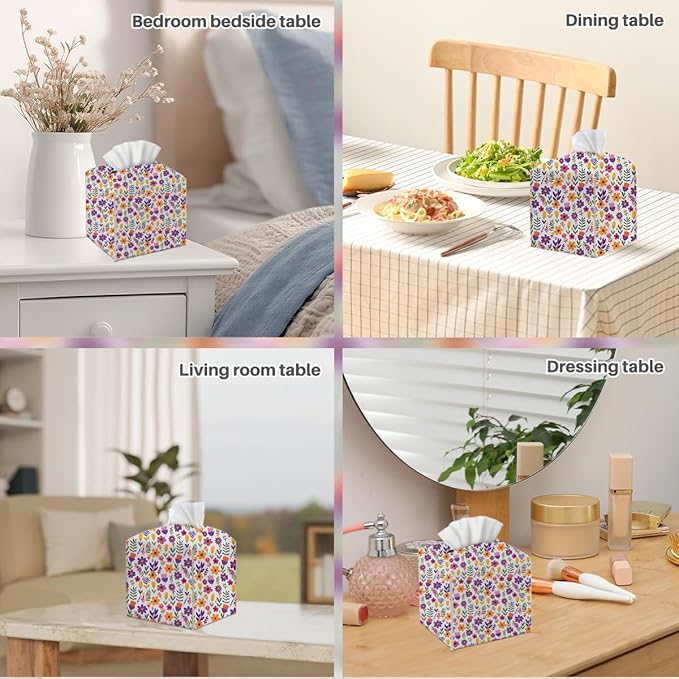 Tissue Box Cover, Tissue Box Holder, Square with Belt Bottom, PU Leather Decorative Organizer for Desk, Tabletop, Countertop Bathroom, Toilet Car, Office, Dresser Bedside, Aesthetic Plant Flower Decor