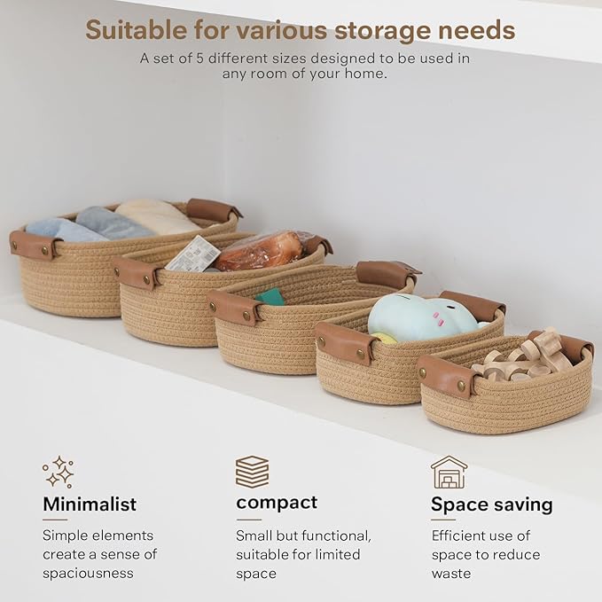 ECDYQXVU 5 Piece Storage Baskets Small Woven Basket with Detachable Leather Handle, Cotton Rope Shelf Baskets for Closet Organizers, Different Sizes Basket Decor, Jute Brown