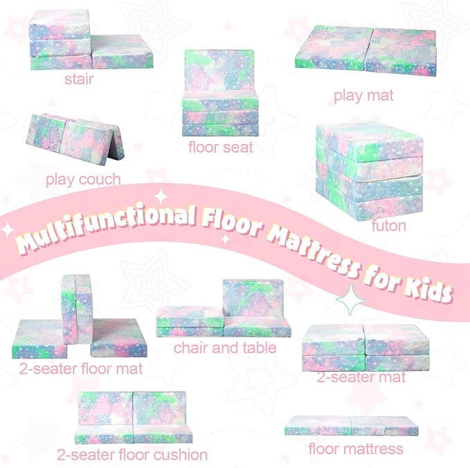 MeMoreCool Foldable Floor Mattress for Kids, Glow Toddler Nap Mat for Sleeping and Daycare, Portable Trifold Futon Mattress Floor Bed, Star