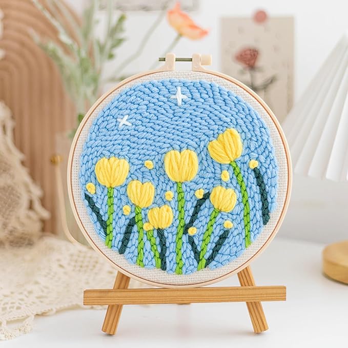 Woohome Punch Needle Kit Included Plastic Hoops, Punch Needle Cloth, Color Yarn and Punch Needle Tools for Adults, Beginners (9.Tulips and Chrysanthemums)