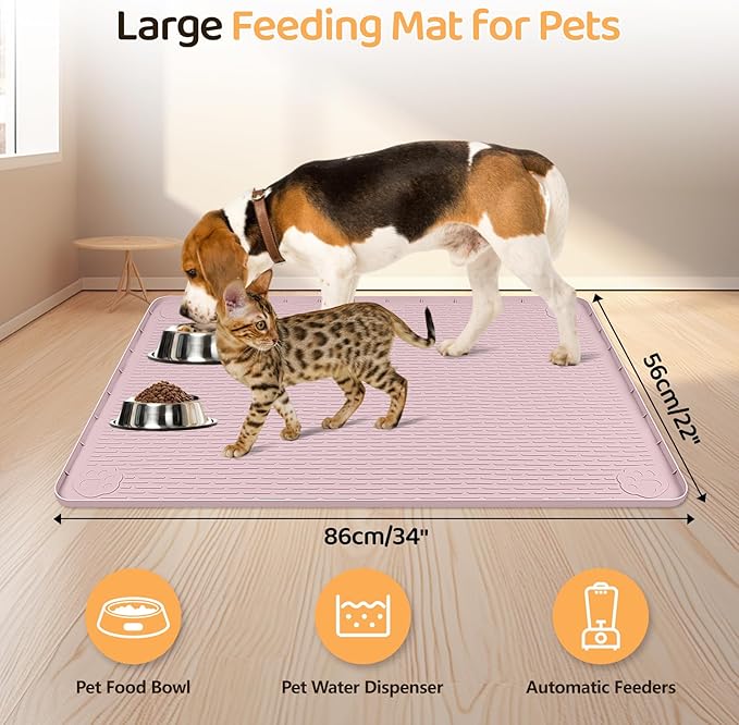 Bartuke Dog Food Mat, Extra Large 34" x 22" Silicone Pet Feeding Mat with Raised Edge Pet Placemat for Small, Medium, and Large Pets Non-Slip, Easy to Clean (Pink)