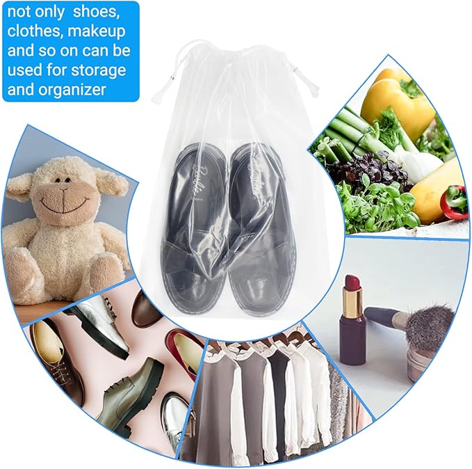 Belinlen 100 Pack 10x14 inch Transparent Shoe Bags for Travel Clear Shoes Storage Organizers Pouch with Cotton Draw Strings Shoe Dust Bags