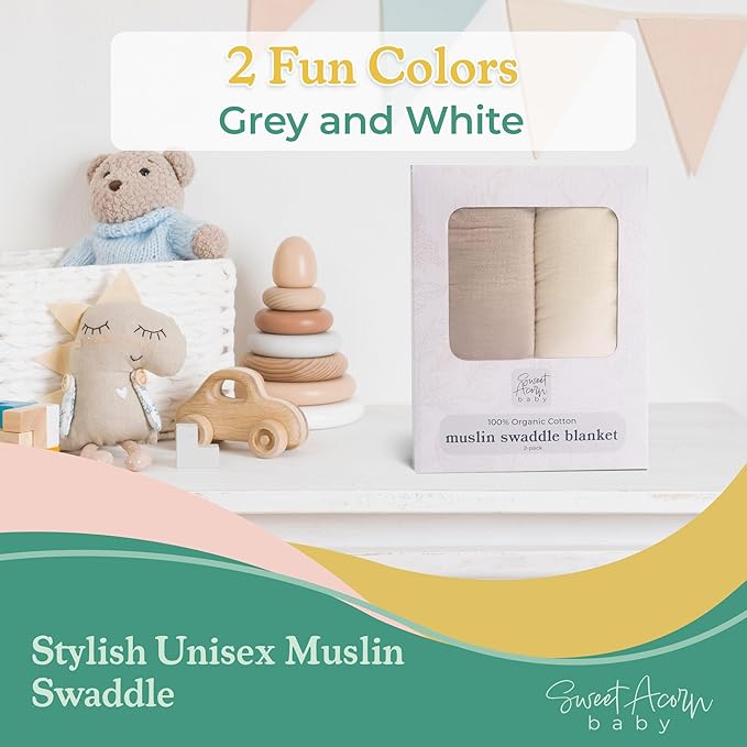 Sweet Acorn Muslin Swaddle Blanket – Soft Cotton Muslin Baby Blanket for Newborns, Infants, and Toddlers, All-Season Comfort Baby Essential - Grey, White
