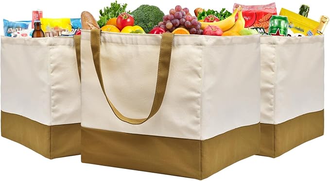 CNaiyunpin 3 Pack Canvas Reusable Grocery Bags Heavy Duty, 8.3 gal Foldable Large Tote Bag with Handles, Holds 60 lbs Canvas Shopping Bags & Washable Eco-friendly Bags with 5 Pockets, camel+Off white