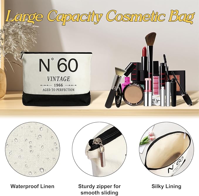 YeohJoy 60th Birthday Gifts for Women Canvas Tote Bag Travel Gear, Unique 60 Years Old Gifts for Wife Mom Sister Aunt Friends Her, Vintage N°60 Handbag & Cosmetic Bag & Back in 1966 Poster