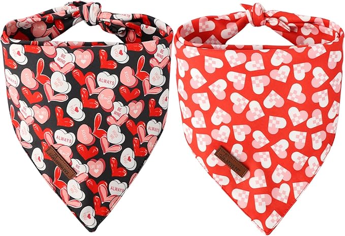 ARING PET Valentine's Dog Bandana 2 Pack-Cute Black&Red Heart Dog Triangle Bibs, Reversible Wedding Pet Scarf for Dogs and Cats