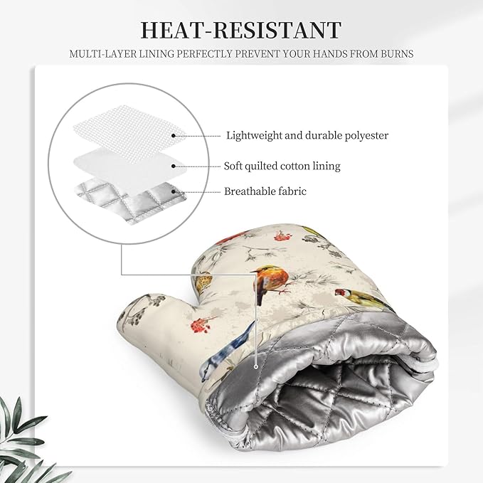 Beige Vintage Bird Oven Mitts And Pot Holders Set Of 4 Silicone Heat Resistant Oven Mitten Potholders Non Slip Gloves Kitchen Decor For Bbq Cooking Grilling Baking