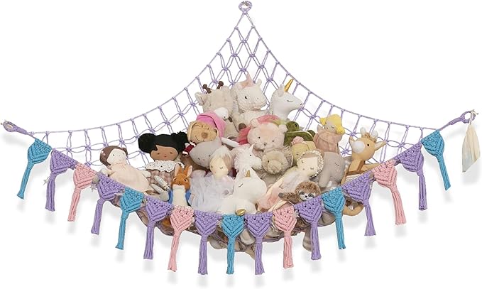 Abby Baby Extra Large Stuffed Animal Storage Hammock Corner with LED Lights – 25LB Capacity Hanging Toy Net for Small or Large Plushies, Boho Macrame Squishmallow, Plush Net, Purple