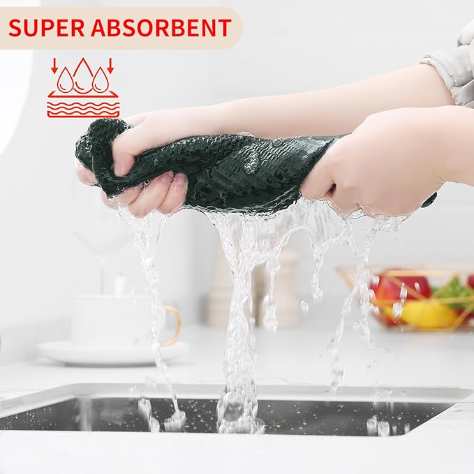 Kitinjoy 100% Cotton Waffle Weave Kitchen Towels, 12-Pack Super Soft and Absorbent Dish Towels for Drying Dishes, Kitchen Hand Towels, 13 in x 28 in, Blackish Green