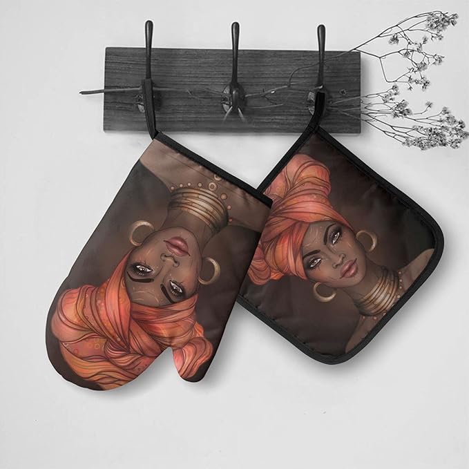 African American Black Woman Oven Mitts and Pot Holders Insulated Gloves & Kitchen Counter Safe Mats for Cooking BBQ Baking Grilling (2-Piece Set)