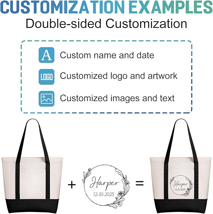 WACAR Custom Tote Bags with an External Pocket, Bulk Personalized Canvas Tote Bags, Reusable Grocery Bag for Beach, Daily Use