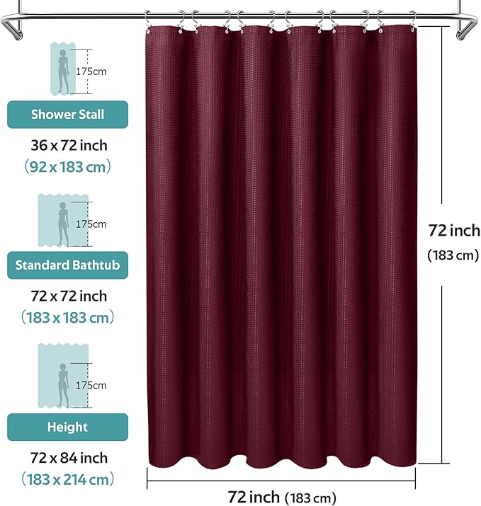 Vipfree 3 in 1 Shower Curtain Set, Waffle Shower Curtain and Liner Set with 12 Double Sided Shower Curtain Hooks, 258GSM Luxury Weighted Cloth Shower Curtains for Bathroom, 72 W x 72 H, Burgundy