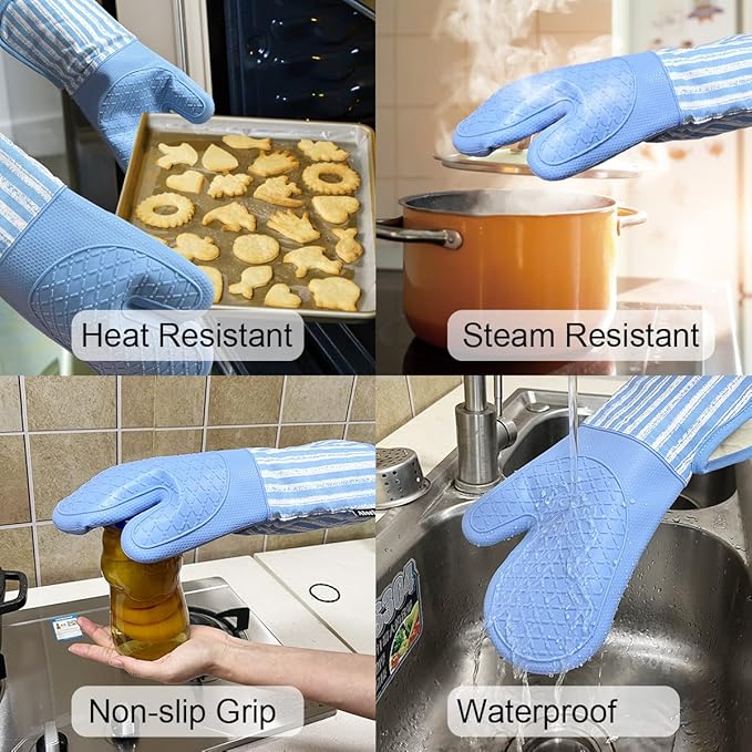 Silicone Oven Mitts Heat Resistant 932℉ with Waterproof & Non-Slip Kitchen Mittens, Set of 2 Extra Long Oven Gloves with Soft Cotton Terry Lining for Baking Cooking Barbecue (2, Blue Mitts)