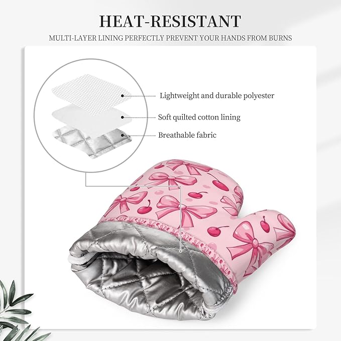 Oven Mitts Pot Holders Set Pink Bows Cherry Silicone Kitchen Gloves Potholders Heat Resistant for Chef Baking Cooking Grilling BBQ 4 Pack Mitt