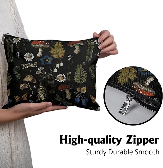 Cafl Vintage Woodland Makeup Bag Travel Large Mushroom Fern Cosmetic Bag Organizer toiletry Essentials Jewelry Skincare Zipper Bag For Women -10×8 inch