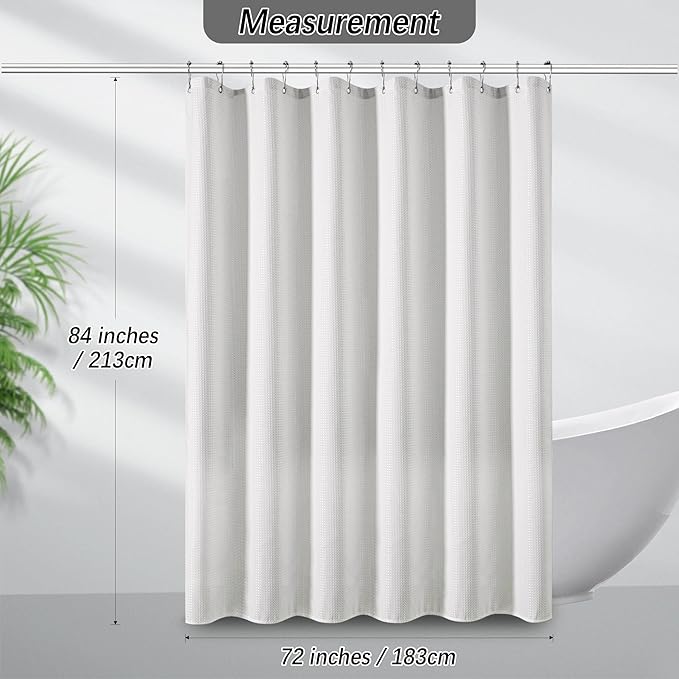 PANGSINNE White Shower Curtain for Bathroom 84 Inches Long, Waffle Textured Heavy Duty Extra Long Waterproof 256GSM Weighted Beige Shower Curtains with 12 Metal Hooks, 72Wx84H