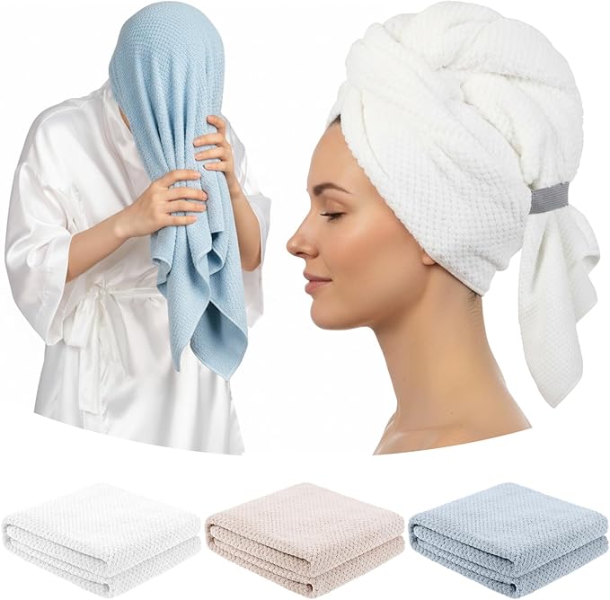 Breling 3 Pack Large Microfiber Hair Towel 24 x 38 Inch Absorbent Wrap Turban Quick Dry for Women Men Curly Hair Shower(Ivory Brown, Hazy Blue, Cream White)