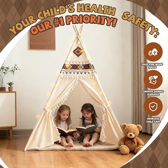 Duwenem Teepee Tent for Kids, Play Tent with Padded Mat & Star Lights, Indoor Play Tent for Girls & Boys, Desert Camel