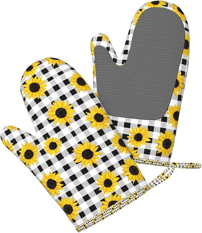 Heat Resistant Oven Mitts 2 Pack, 500°F Silicone Oven Gloves with Non-Slip Grip, Soft Quilted Cotton Lining for Baking, Grilling, BBQ, Cooking (Sunflower)