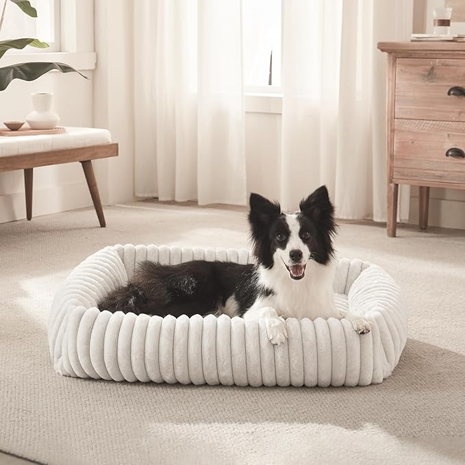 FURTIME Dog Bed Medium Size Dog, Washable Orthopedic Pet Bed with Removable Cover, Rectangle Soft Calming Sleeping Puppy Bed Durable Pet Cuddler with Anti-Slip Bottom, Cream, M Plus (30"x24"x8")