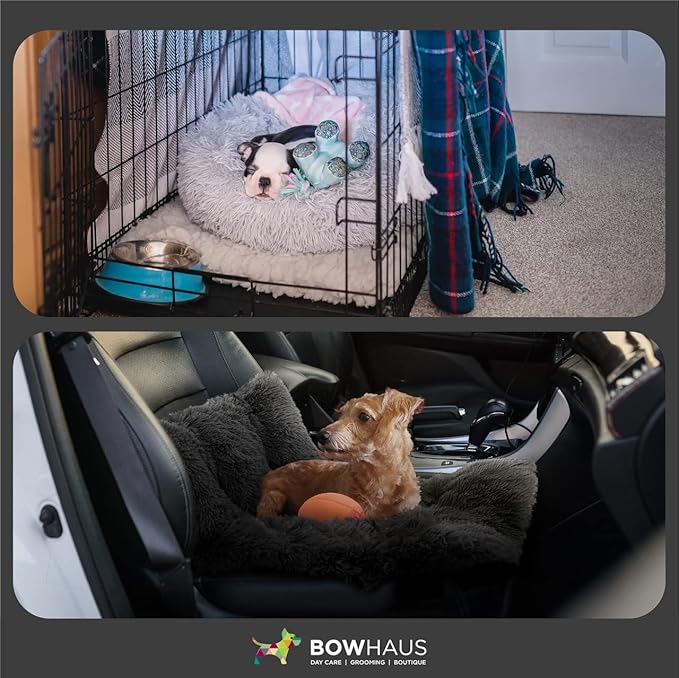 BOWHAUS 24/30 Inch Calming Donut Pet Bed for Small/Medium Cats and Dogs, Anti-Slip Bottom, Washable, Anti-Anxiety Fluffy Round Cat Bed, Indoor Shaggy Cuddler Cotton Candy Brown, Light Gray, Pink Bed