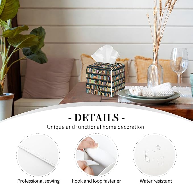 POIUBLE Tissue Box Holder Bookshelves Full of Books Tissue Box Cover Square Leather Tissue Holder Organizer Portable Decorative Facial Paper Case for Home Office Bathroom Vanity Countertop