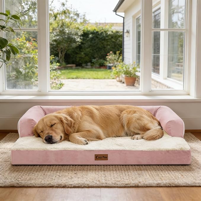 Casa Paw Orthopedic Dog Beds for Extra Large Dogs, Waterproof Egg Crate Foam XL Dog Bed with Sides 41x27Inch, Washable Big Dogs Couch Beds with Removable Cover and Nonskid Bottom, Pink
